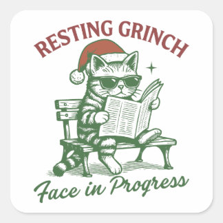 Cat Resting Grinch Face in Progress Holiday Fyrkantigt Klistermärke