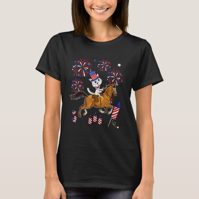 Cat Ridding Horse Sunglasses 4th Of July American  T Shirt (Framsida)