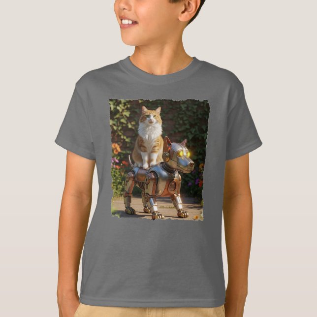 Cat rider hans trogna robot hund! t shirt (Framsida)