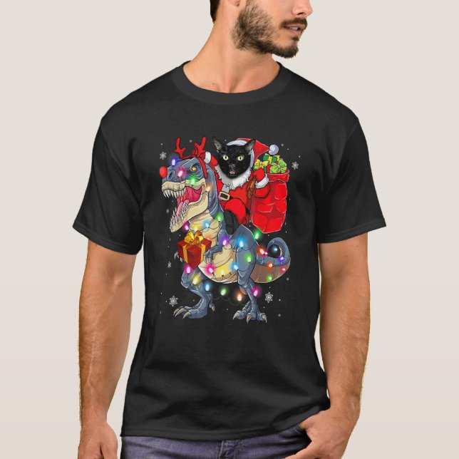 Cat Riding A Dinosaur Rex jul T Shirt (Framsida)