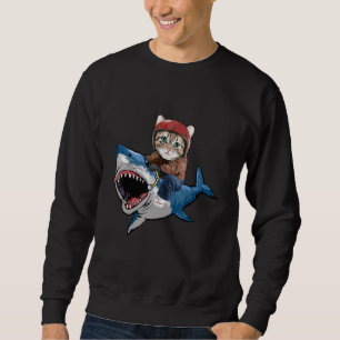 Cat Riding a Shark Cat Funny Cat Shark Lång Ärmad Tröja