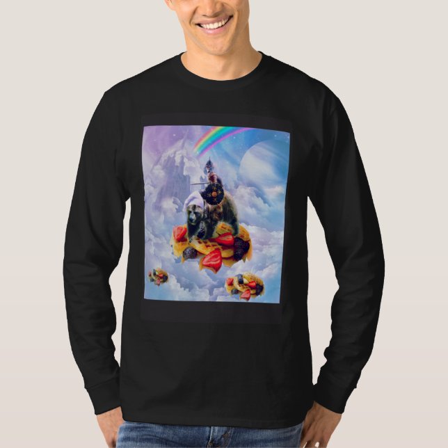 Cat Riding Bear On Clouds And Waffles T Shirt (Framsida)