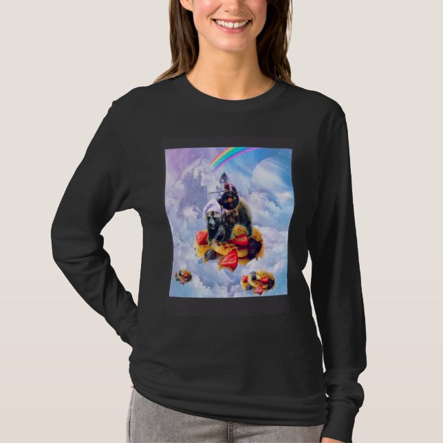 Cat Riding Bear On Clouds And Waffles T Shirt (Framsida)