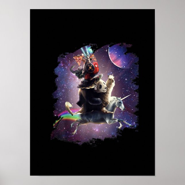 Cat Riding Chicken Turtle Panda Llama Unicorn Poster (Framsidan)