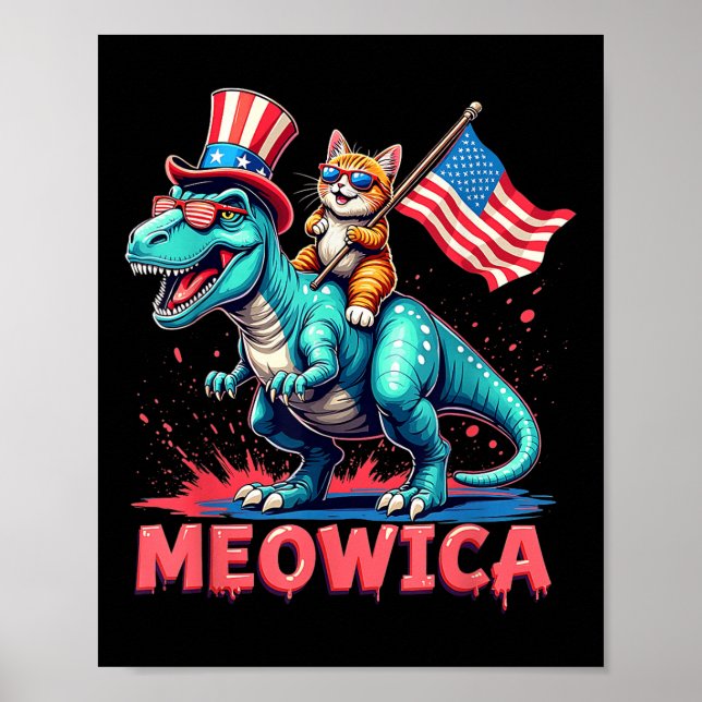 Cat Riding Dinosaur 4:e juli Meowica American F Poster (Framsidan)