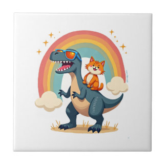 Cat Riding Dinosaur T-Rex Kitten Rainbow Dino Funn Kakelplatta