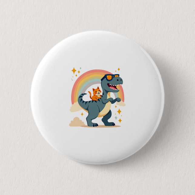 Cat Riding Dinosaur T-Rex Kitten Rainbow Dino Funn Knapp (Framsida)