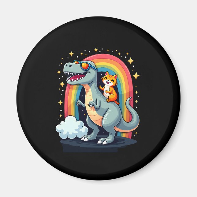 Cat Riding Dinosaur T-Rex Kitten Rainbow Dino Funn Magnet (Framsidan)