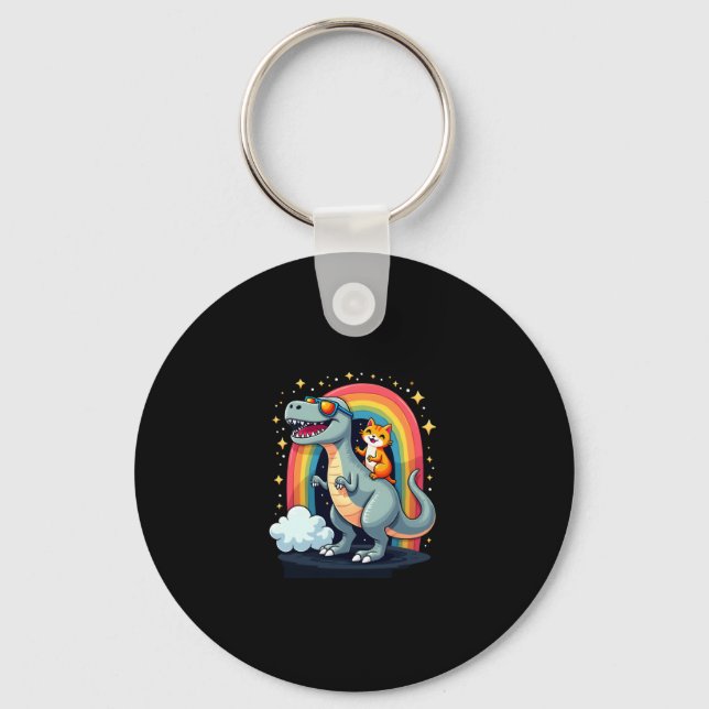 Cat Riding Dinosaur T-Rex Kitten Rainbow Dino Funn Nyckelring (Framsida)
