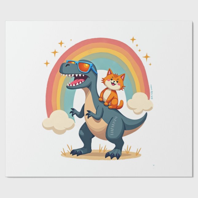 Cat Riding Dinosaur T-Rex Kitten Rainbow Dino Funn Presentpapper (Platt)