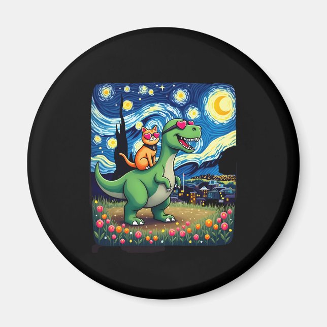 Cat Riding Dinosaur T-Rex Starry Night Cat Lover ( Magnet (Framsidan)