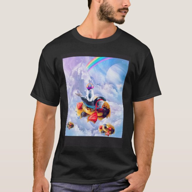 Cat Riding Dolphin On Clouds And Waffles T Shirt (Framsida)