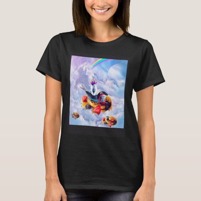 Cat Riding Dolphin On Clouds And Waffles T Shirt (Framsida)