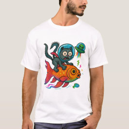 Cat Riding Fish Escaping Alien T Shirt