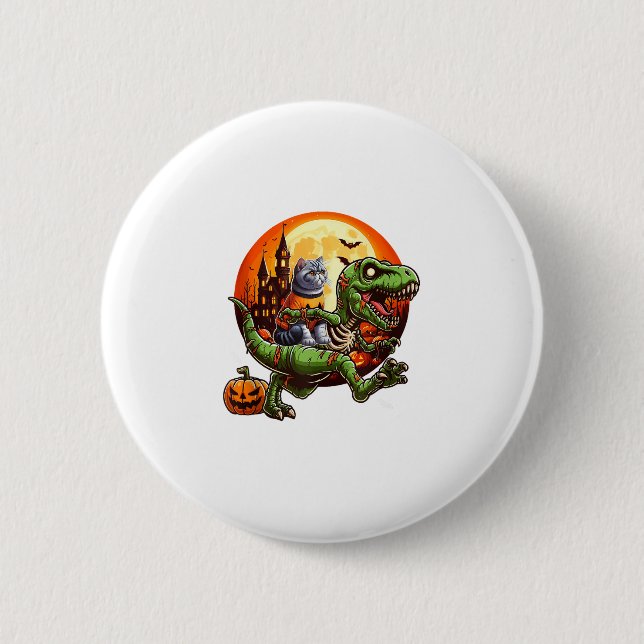 Cat Riding Horror T-rex as Zombie Halloween Kids t Knapp (Framsida)