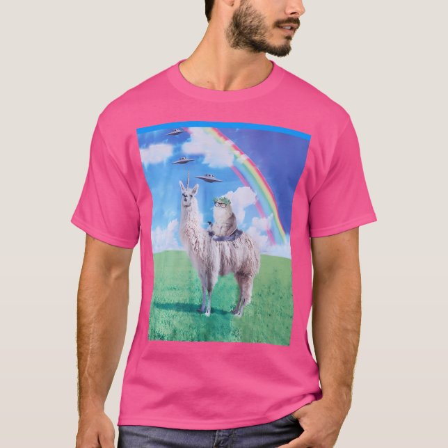 Cat Riding Llama Unicorn Rainbow Ufo T Shirt (Framsida)