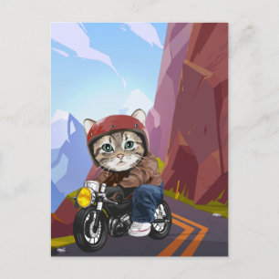 Cat Riding Motorcycle on Mountain Road Vykort