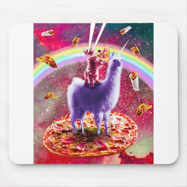 Cat Riding på Llama Unicorn Ögon Rymden Musmatta (Framsidan)