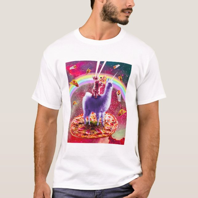 Cat Riding på Llama Unicorn Ögon Rymden T Shirt (Framsida)