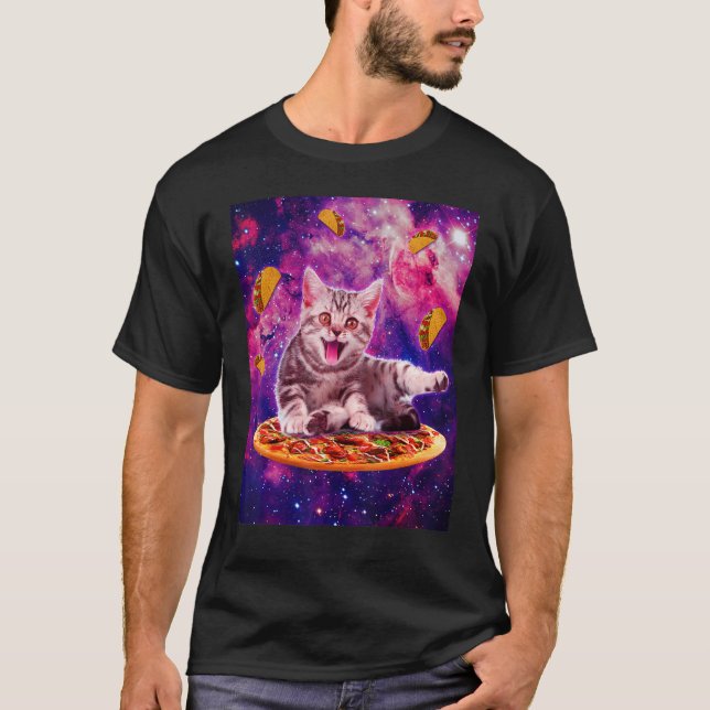 Cat Riding Pizza i Space Galaxy Taco Kitten Cats T Shirt (Framsida)
