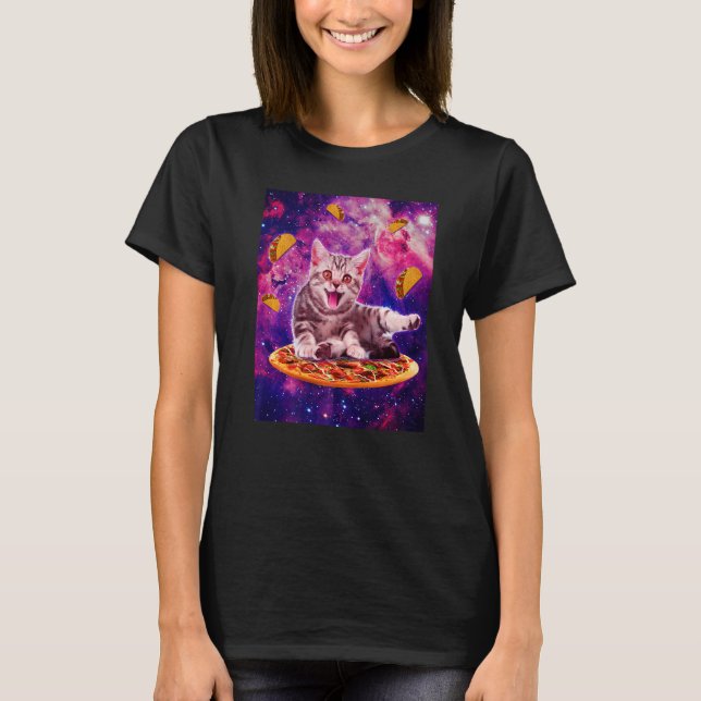 Cat Riding Pizza In Space Galaxy Taco Kitten Cats  T Shirt (Framsida)