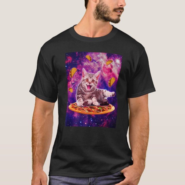Cat Riding Pizza In Space Galaxy Taco Kitten Cats  T Shirt (Framsida)