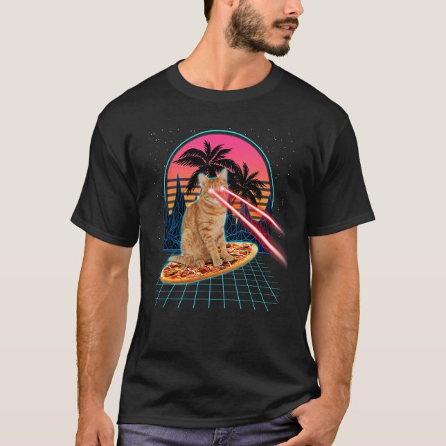 Cat Riding Pizza Laser Eyes 80s Cat In Space Cats T Shirt (Framsida)