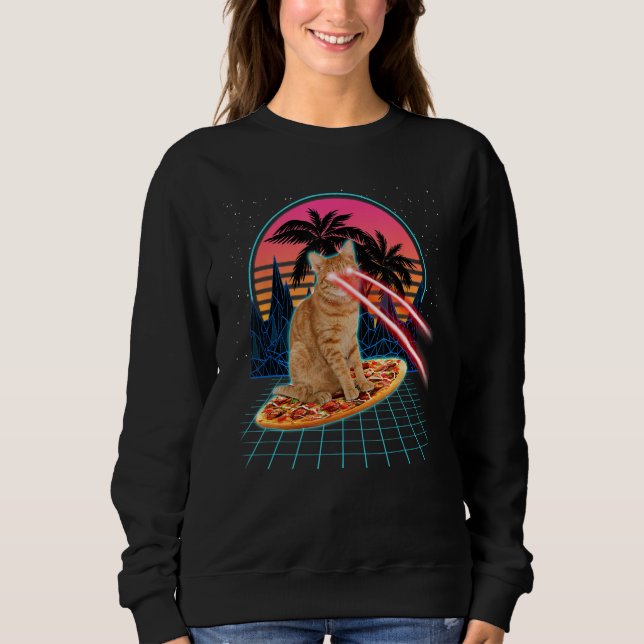 Cat Riding Pizza Laser Eyes 80s Cat In Space Cats T Shirt (Framsida)