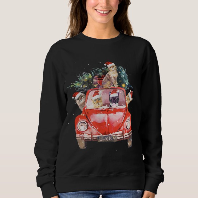 Cat Riding Red Lastbil Julgran Cat Santa Hat T Shirt (Framsida)