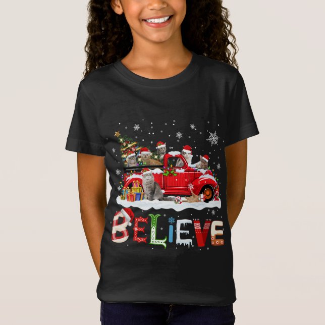 Cat Riding Red Lastbil Julgran Tro Santa Santa T Shirt (Framsida)
