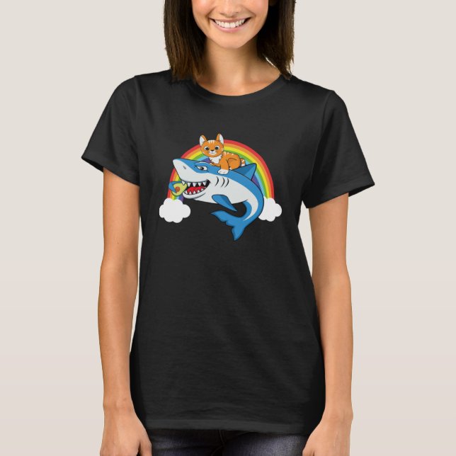 Cat Riding Shark Eating Avocado With Rainbow For C T Shirt (Framsida)