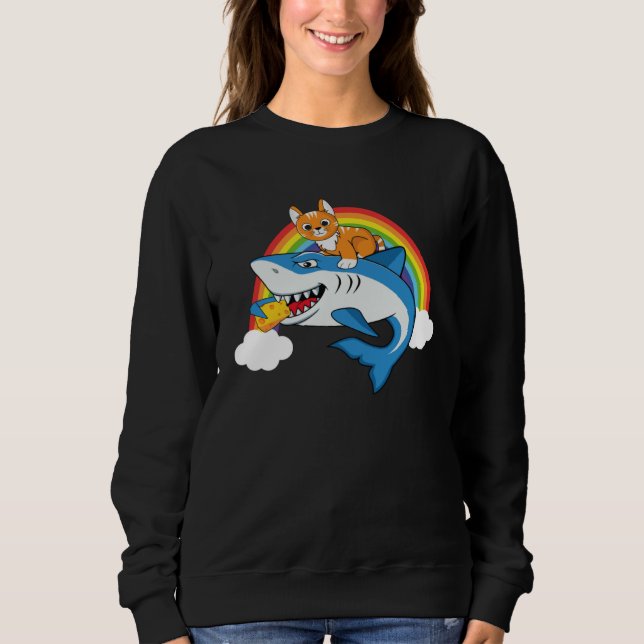 Cat Riding Shark Eating Cheese With Rainbow For Ca T Shirt (Framsida)