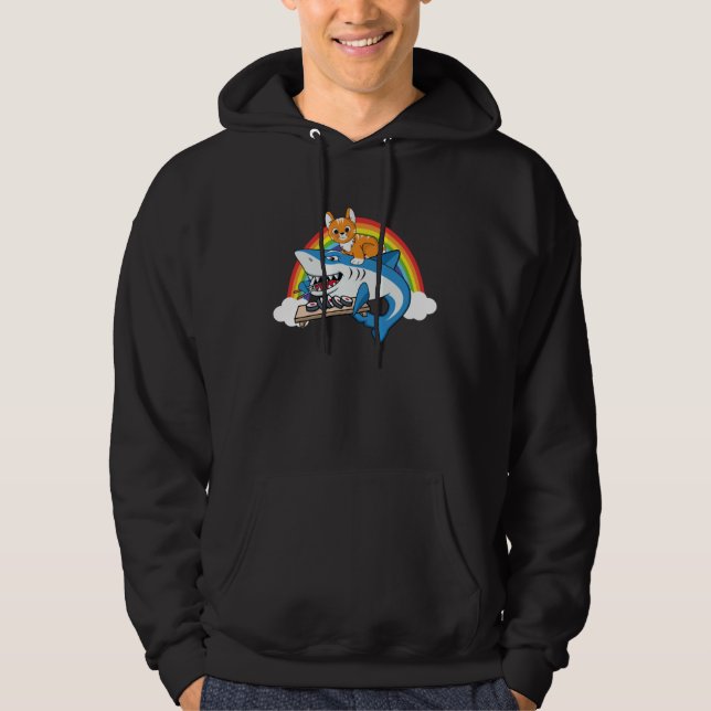 Cat Riding Shark Eating Sushi With Rainbow For Cat Hoodie (Framsida)