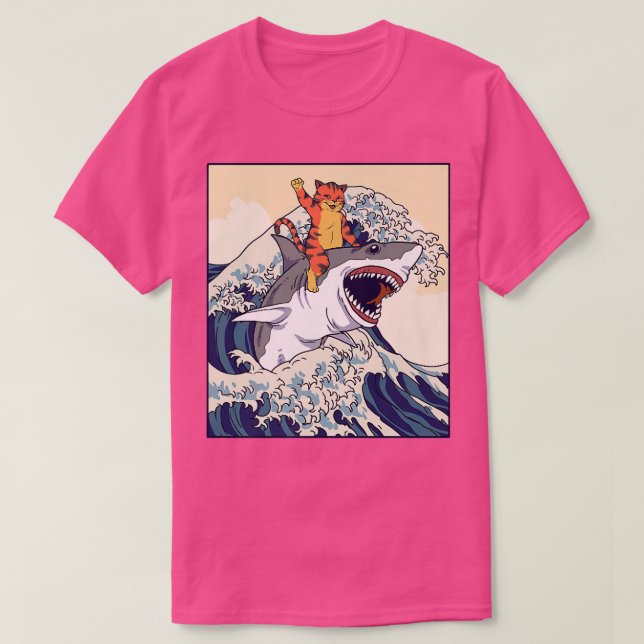 Cat Riding Shark Japansk våg T Shirt (Design framsida)