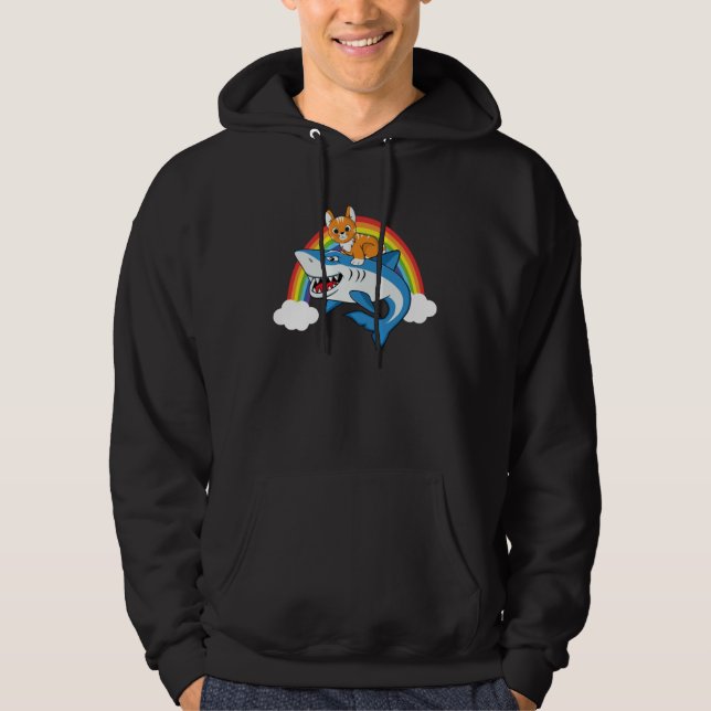 Cat Riding Shark With Rainbow For Cat Mom Cat Dad  Hoodie (Framsida)