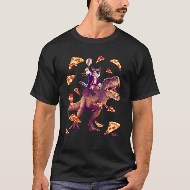 Cat Riding T Rex Shirt Cat Eating Pizza Shirt Funn (Framsida)