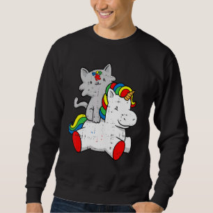 Cat Riding Unicorn Autism Awareness Cute Puzzle Pi Lång Ärmad Tröja