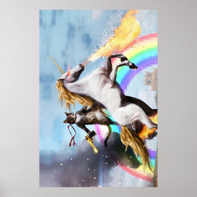 Cat Riding Unicorn med Gun Poster (Framsidan)