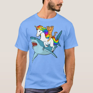 Cat Riding Unicorn Riding Shark Design T Shirt