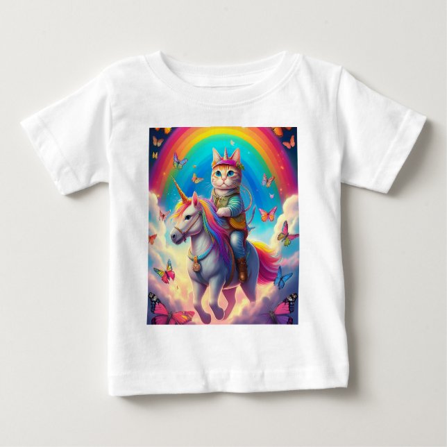 Cat Riding Unicorn with Rainbows and Butterflies T Shirt (Framsida)