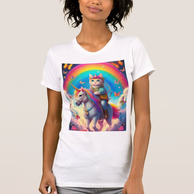 Cat Riding Unicorn with Rainbows and Butterflies T Shirt (Framsida)