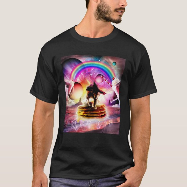 Cat Riding Wolf With Pancakes And Milkshake T Shirt (Framsida)