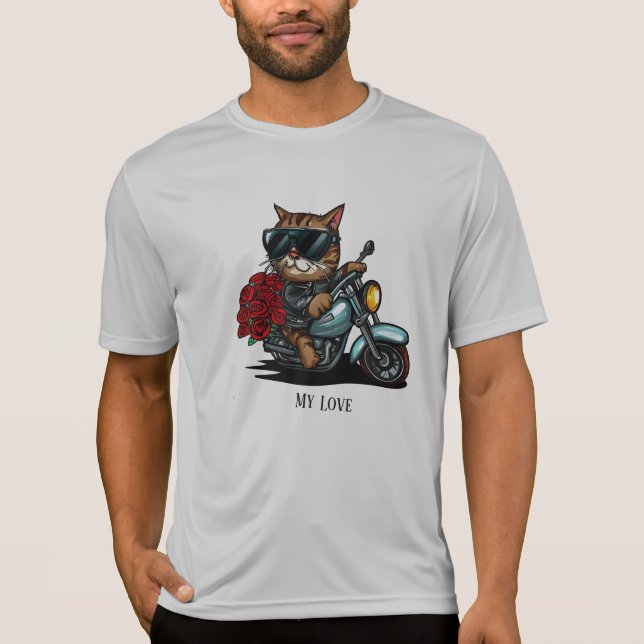 Cat ridmotorcykel röd ros blommor min kärlek t shirt (Framsida)