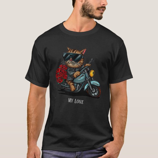Cat ridmotorcykel röd ros blommor min kärlek t shirt (Framsida)