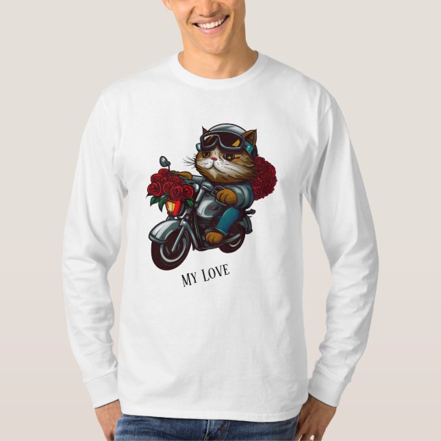 Cat ridmotorcykel röd ros blommor min kärlek t shirt (Framsida)