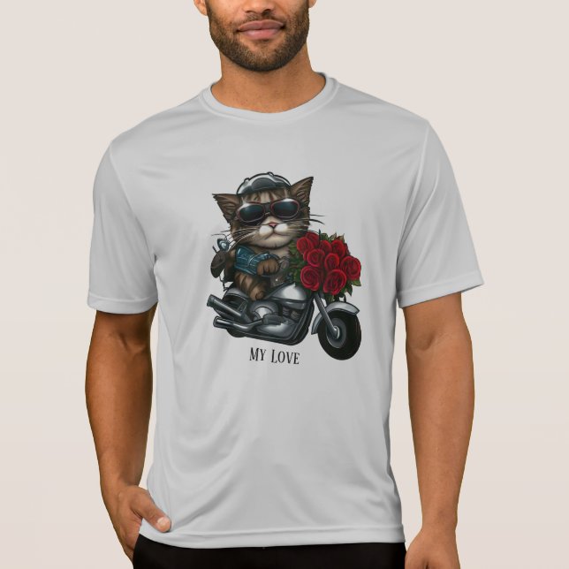 Cat ridmotorcykel röd ros blommor min kärlek t shirt (Framsida)