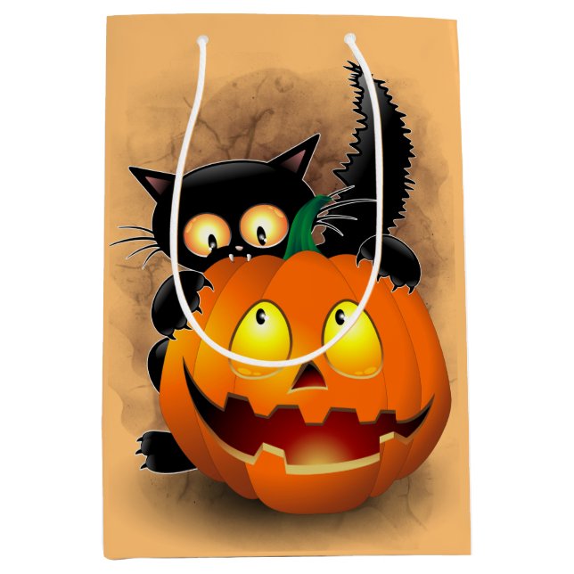 Cat Roligt Halloween Character som biter en Pumpki (Framsidan)