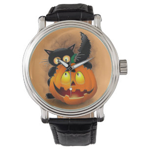 Cat Roligt Halloween Character som biter en Pumpki Armbandsur