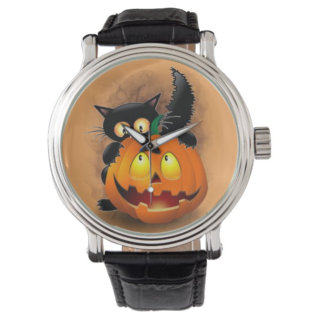 Cat Roligt Halloween Character som biter en Pumpki Armbandsur (Framsida)