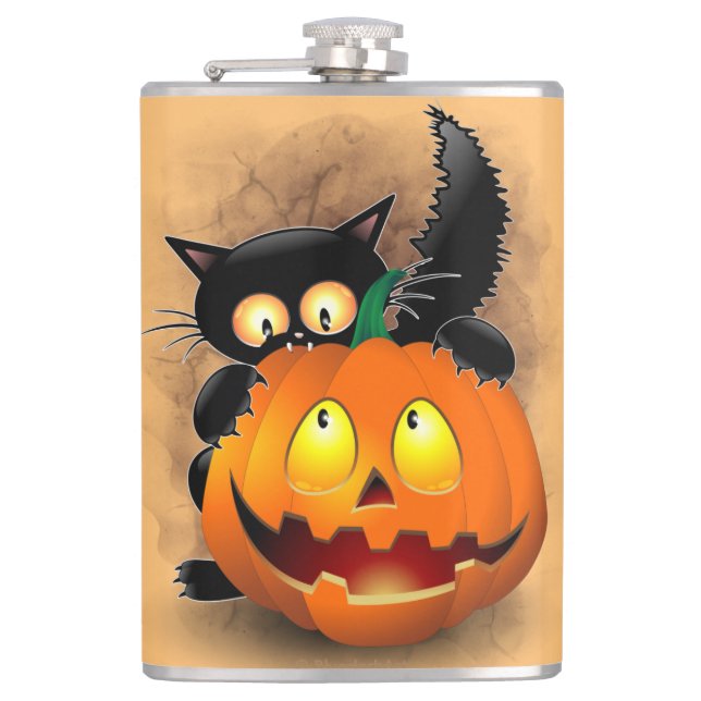 Cat Roligt Halloween Character som biter en Pumpki Fickplunta (Framsidan)